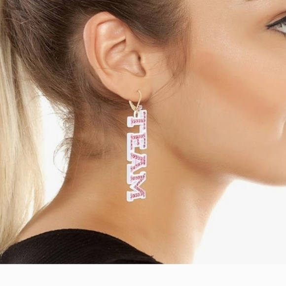 🔹️Betsey Johnson🔹️ pink white " Go Team " Mismatched statement  Earrings - Picture 3 of 5